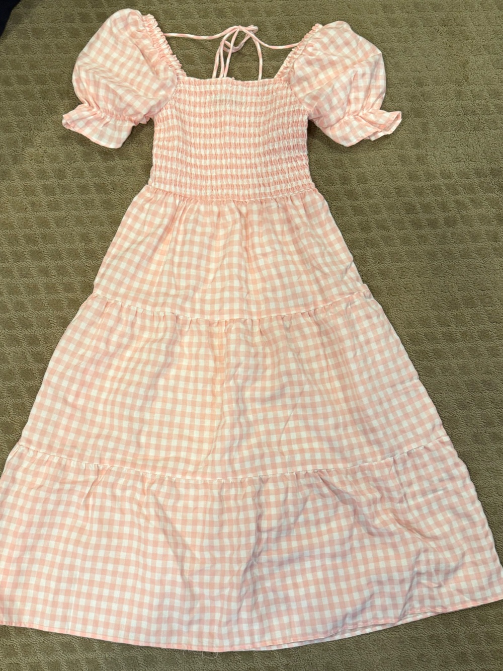 Smocked Puff-Sleeve Pink Gingham Maxi Dress